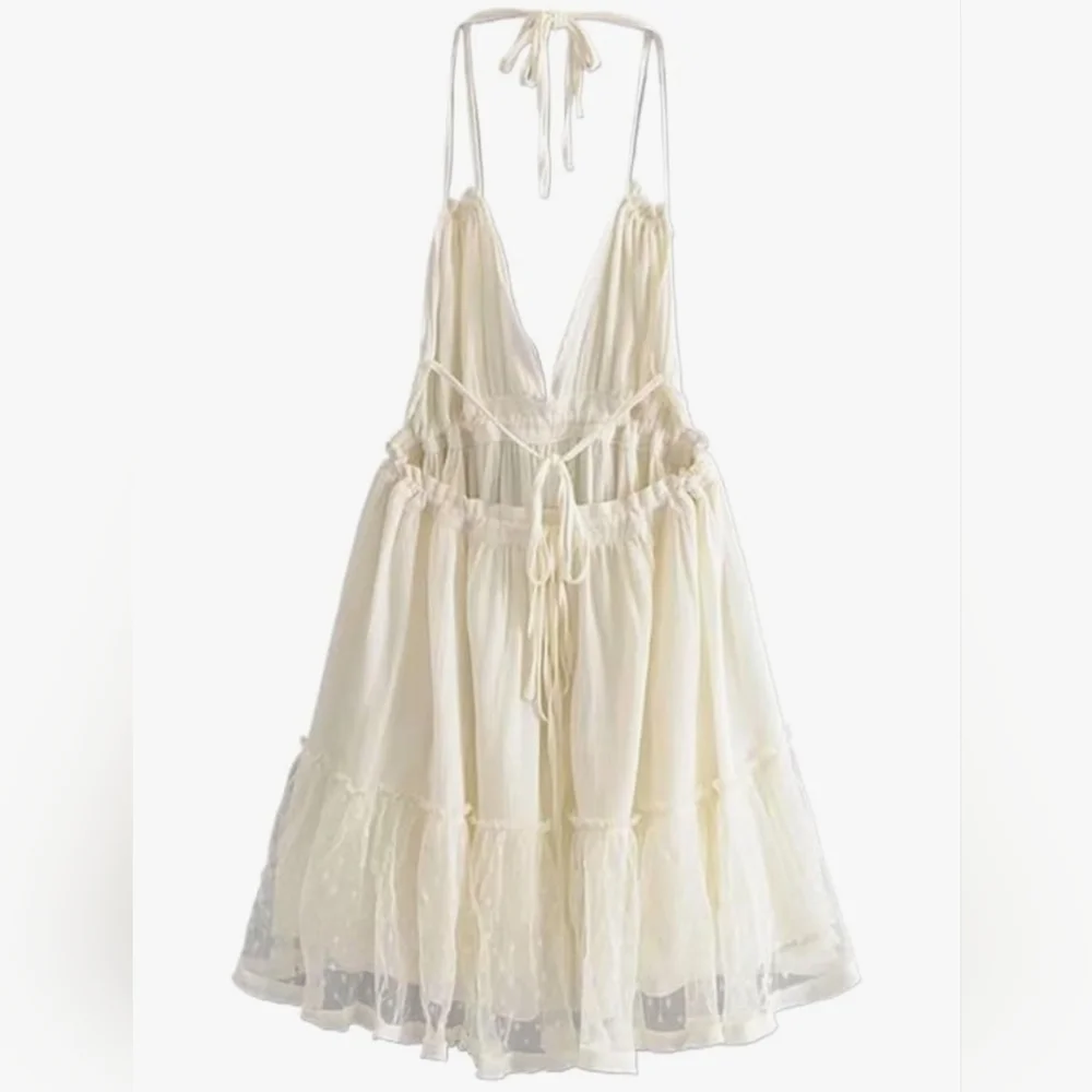 NWOT. Cream Tiered Ruffled Sundress with Plunge Neckline - Picture 2 of 7